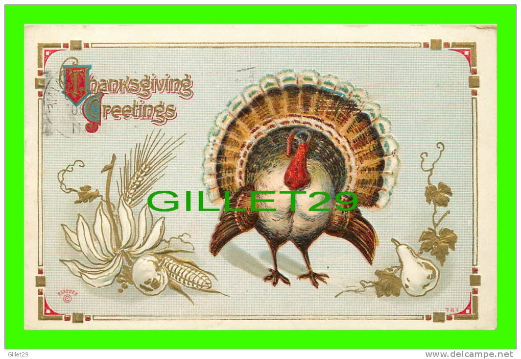 THANKSGIVING GREETINGS - TURKEY - EMBOSSED - P. SANDER - TRAVEL IN 1911 - - Thanksgiving