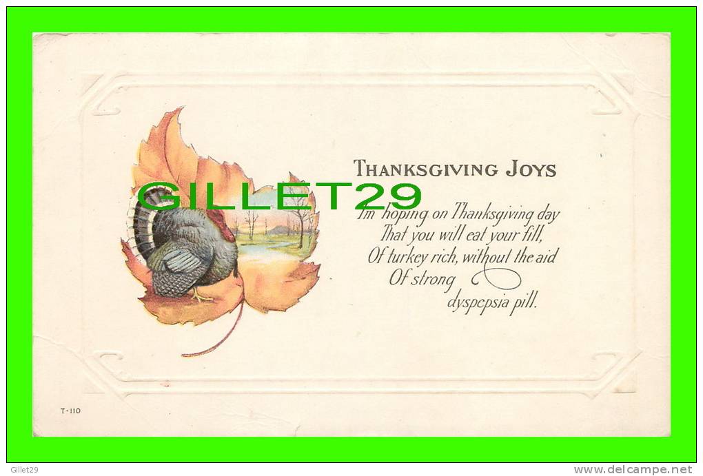 THANKSGIVING  JOYS -  TURKEY - TRAVEL IN 1920 - EMBOSSED - - Thanksgiving