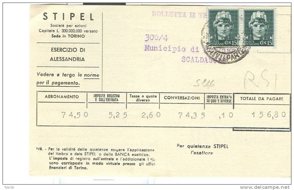 STORIA POSTALE, IMPERIALE Cent. 15X2, 246,cent.30 IN TARIFFA SU   FATTURA STIPEL  1944 X SCALDASOLE, - Marcophilie