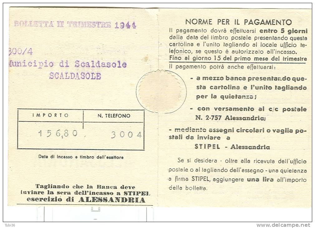 STORIA POSTALE, IMPERIALE Cent. 15X2, 246,cent.30 IN TARIFFA SU   FATTURA STIPEL  1944 X SCALDASOLE, - Marcophilia