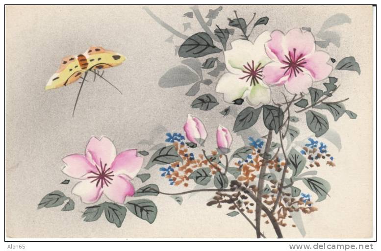 Japanese Graphic Design, Butterfly Plants Flowers Unsigned Artist, C1900s Vintage Postcard - Papillons