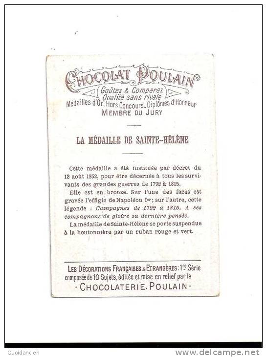 CHROMO - CHOCOLAT  POULAIN  - Les Décorations Françaises &  étrangères  1ère Série -  En RELIEF - N° 3  Ste  HELENE - Poulain