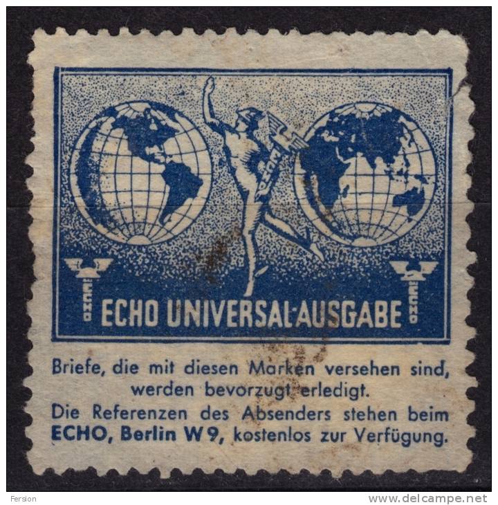 Greek Mythology HERMES God Trade ECHO UNIVERSAL AUSGABE BERLIN W9 LABEL VIGNETTE CINDERELLA Germany 1939 GLOBE EARTH - Mitología