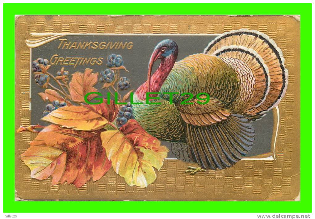 THANKSGIVING GREETINGS - TURKEY, LEAF - TRAVEL 1911  - P. C. 246 - EMBOSSED - - Thanksgiving