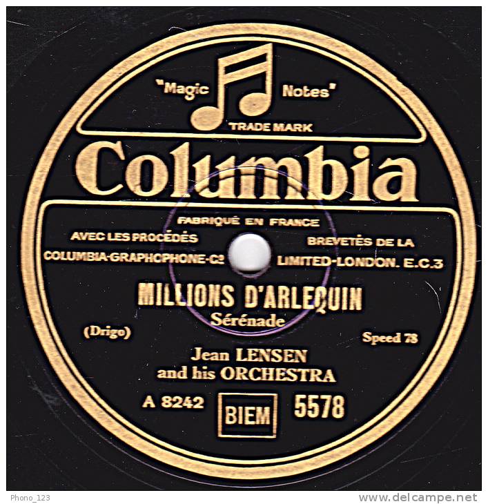 78 Tours - Columbia  5578 - Jean LENSEN - MILLIONS D"ARLEQUIN - SI MES VERS AVAIENT DES AILES - 78 Rpm - Schellackplatten