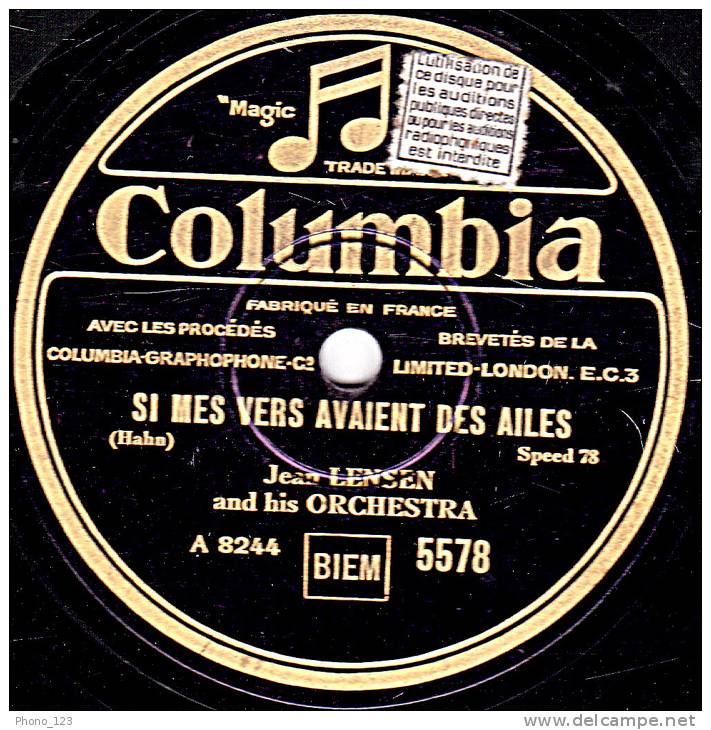 78 Tours - Columbia  5578 - Jean LENSEN - MILLIONS D"ARLEQUIN - SI MES VERS AVAIENT DES AILES - 78 Rpm - Schellackplatten