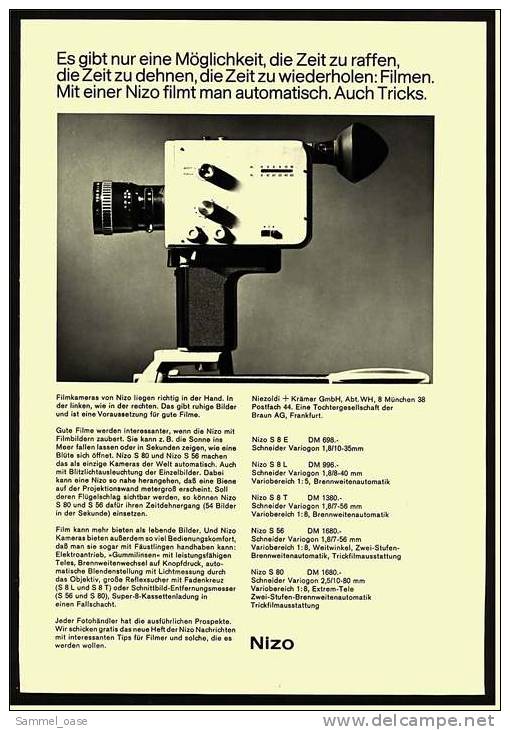 Reklame Werbeanzeige 1968 ,  Nizo Filmkamera  -  Es Gibt Nur Eine Möglichkeit Die Zeit Zu Raffen - Caméscope