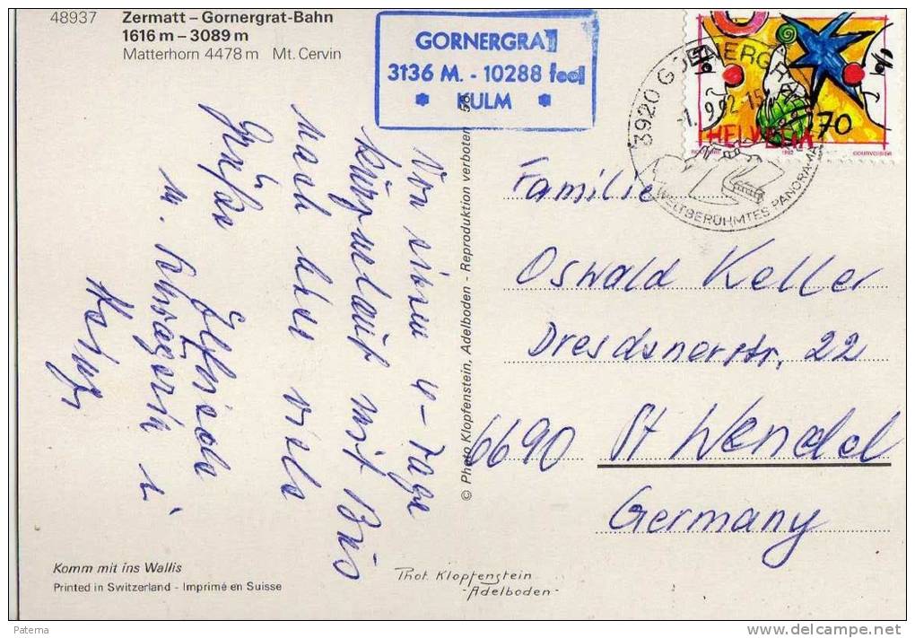 Postal Gornergra 1992, Suiza , Post Card - Briefe U. Dokumente