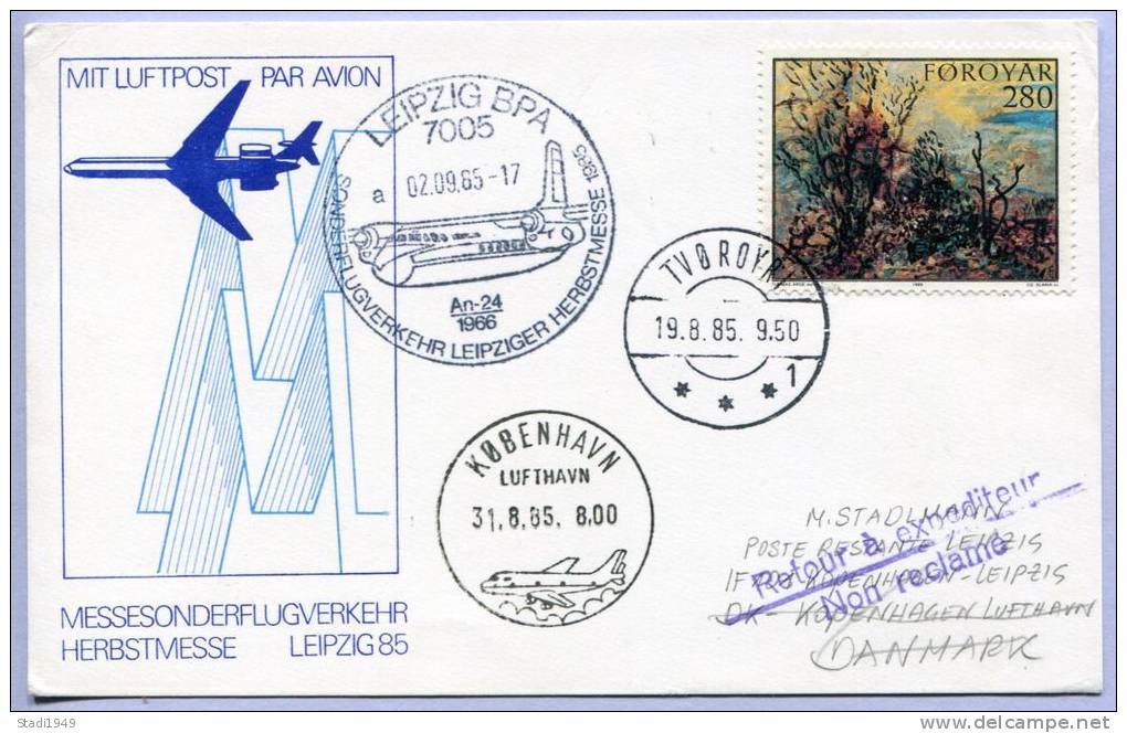 Flugpostkarte Kopenhagen - Leipzig Zur Leipziger Herbstmesse 1986 Zuleitung Ab Tvöroyri (268) - Islas Faeroes