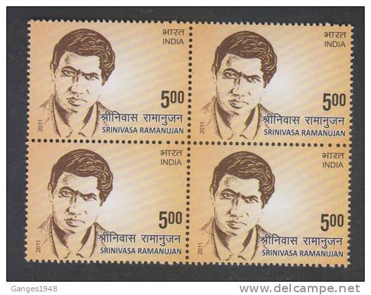 India 2011  - 5oo  SRINIVASAN RAMANUJAN  Mathmatician Scientist  Block Of 4  # 32463 S Inde Indien - Neufs