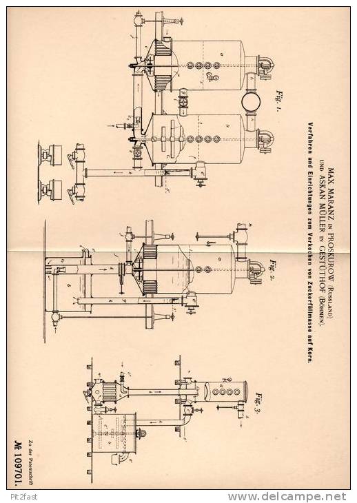 Original Patentschrift - M. Maranz In Proskurow , Russland Und Gestüthof , 1899 , Apparat Für Zucker - Füllmasse  !!! - Historische Dokumente