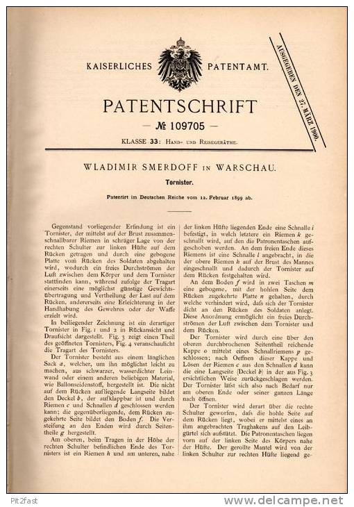 Original Patentschrift - Tornister Für Soldaten , 1899 , W. Smerdoff In Warschau , Soldat , Affe !!! - Ausrüstung