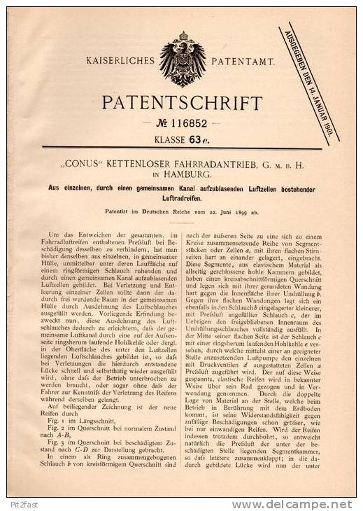 Original Patentschrift - CONUS - Kettenloser Fahrrad - Antrieb GmbH In Hamburg , 1899 , Luftradreifen Aus Einzelzellen ! - Historische Dokumente