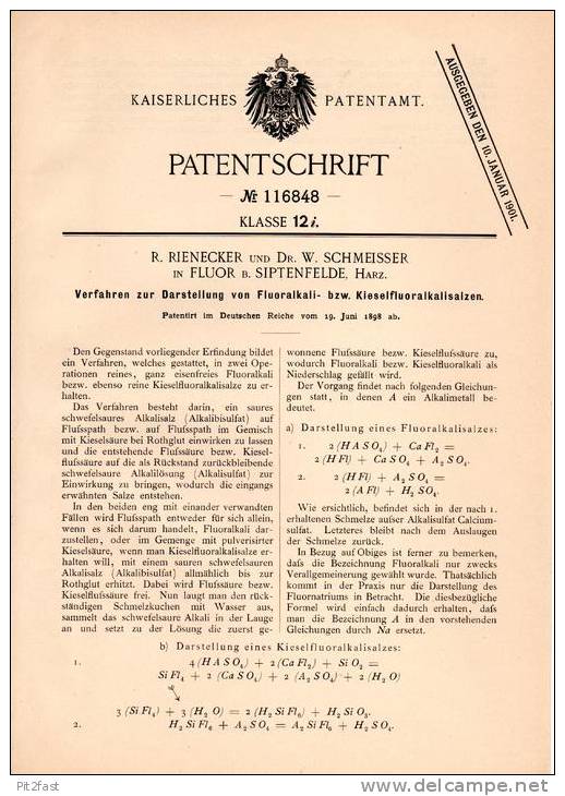 Original Patentschrift - R. Rienecker Und Dr. W. Schmeisser In Fluor B. Harzgerode , Harz , 1898 , Fluoralkalisalz !!! - Historische Dokumente