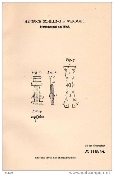 Original Patentschrift - H. Schilling In Werdohl , 1899 , Schraubendübel Aus Blech !!! - Historische Dokumente
