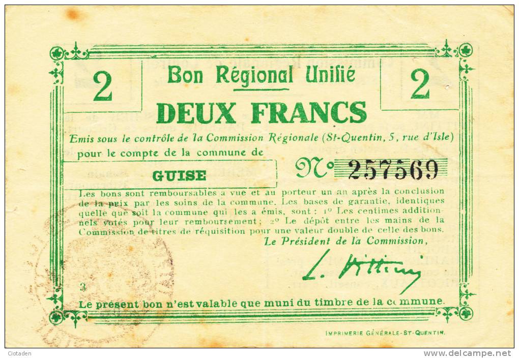 BON REGIONAL UNIFIE - COMMUNE DE GUISE - 1914- 1918 - Deux Francs - - Bons & Nécessité