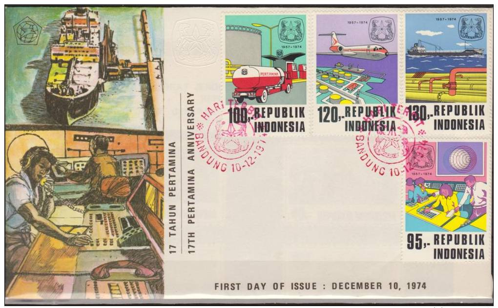 Indonesia, 1974, Pertamina Oil Company, Boat, Platform, Airplane, Drilling, Tank Trunk, Two FDCs - Andere & Zonder Classificatie