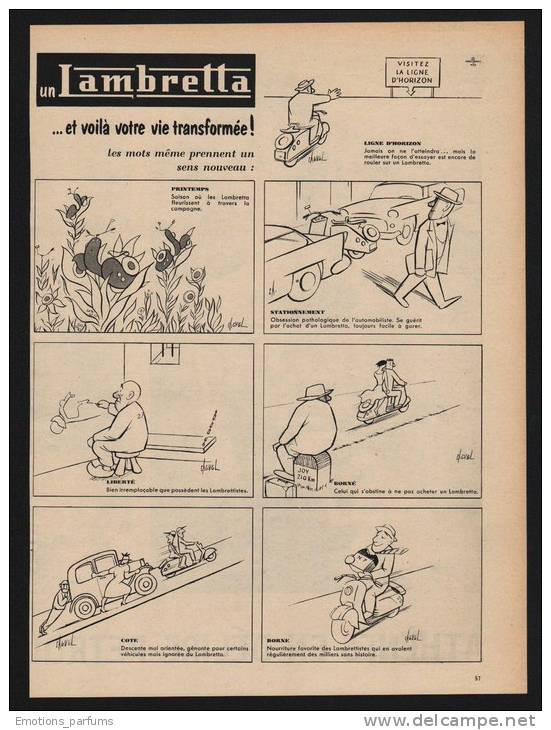 Pub 1957 Moto Motocyclette Scooter LAMBRETTA Vélomoteur Dessin Humour CHAVAL Escargot Prison Borne - Publicités