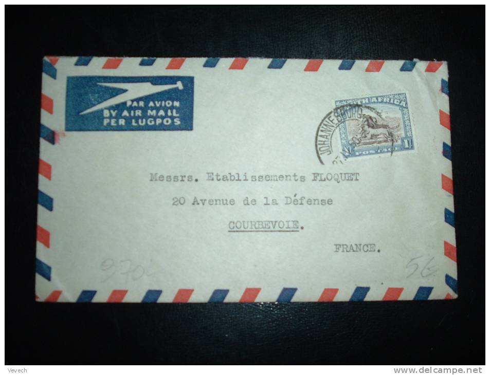 LETTRE PAR AVION POUR A FRANCE TP 1 OBL. 27 IV 50 JOHANNESBURG - Briefe U. Dokumente