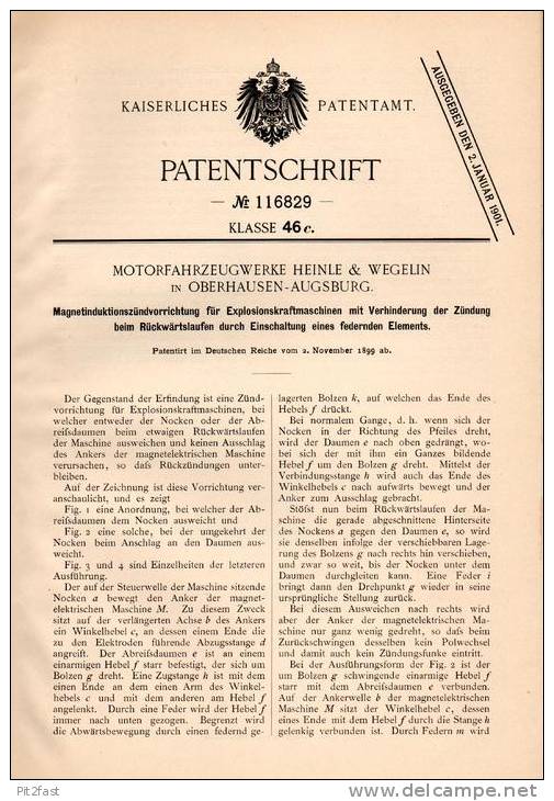 Original Patentschrift - Motorfahrzeugwerke Heinle & Wegelin In Oberhausen - Augsburg , 1899 , Magnetzündung Für Motoren - Historische Dokumente