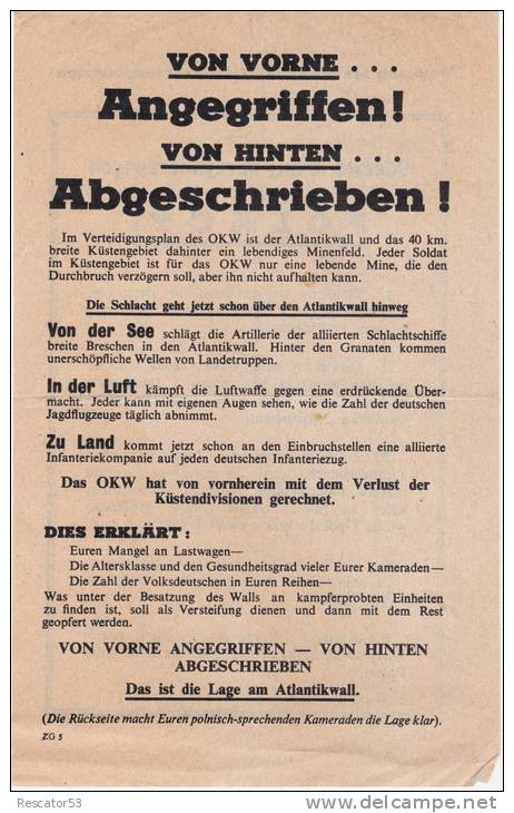 Rare Tract Américain En Allemand Et Polonais à L'attention Des Soldats Se Trouvant Sur Le Mur De L'atlantique - 1939-45