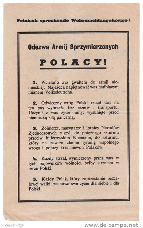 Rare Tract Américain En Allemand Et Polonais à L'attention Des Soldats Se Trouvant Sur Le Mur De L'atlantique - 1939-45