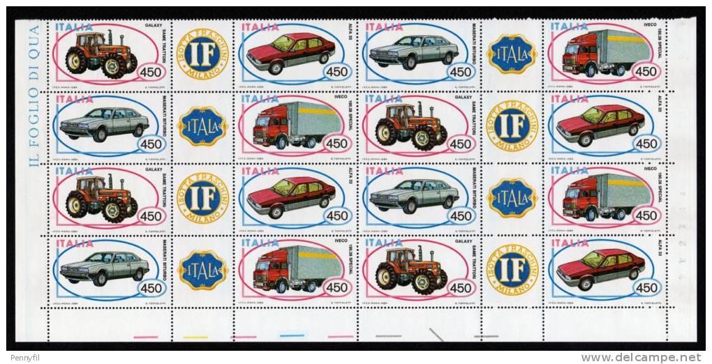 ITALIA - 1984 AUTOMOBILI QUARTINA DI BLOCCHI ANGOLO MNH ** - Blocks & Sheetlets