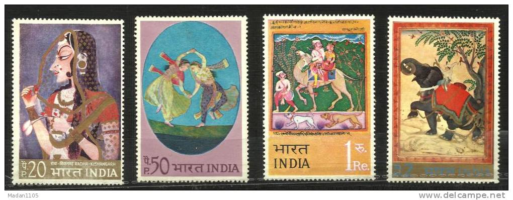 INDIA, 1973, Indian Miniature Paintings, Radha, Dancing Couple, Lovers On A Camel, Chained Elephant, Set, 4 V, MNH, (**) - Ungebraucht