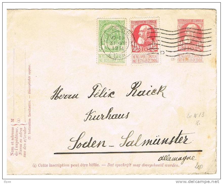 Enveloppe 13 Oblitérée Liège-Luik, à Destination De L´Allemagne, Avec Timbres Complémentaires - Briefe