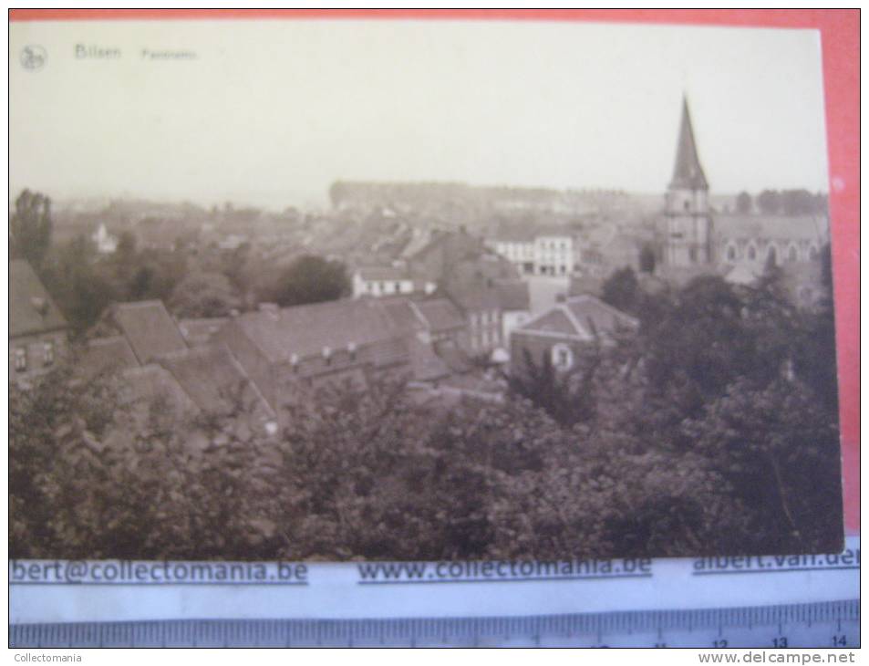 6 postkaarten Bilzen Hasseltse poort café Belle vue, Borgberg, kasteel van Schoonbeek, panorama Bilsen Simoens &amp; Bol