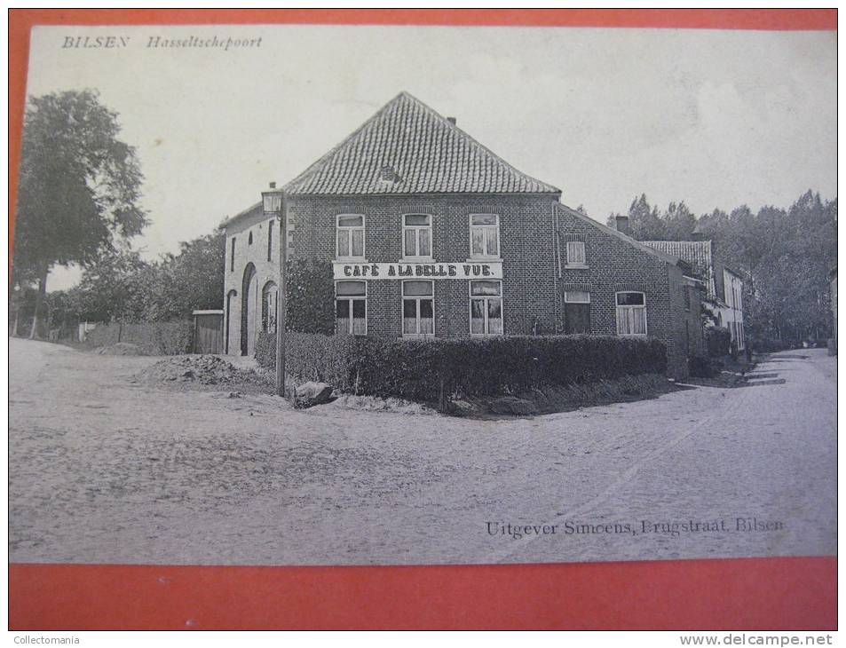 6 postkaarten Bilzen Hasseltse poort café Belle vue, Borgberg, kasteel van Schoonbeek, panorama Bilsen Simoens &amp; Bol