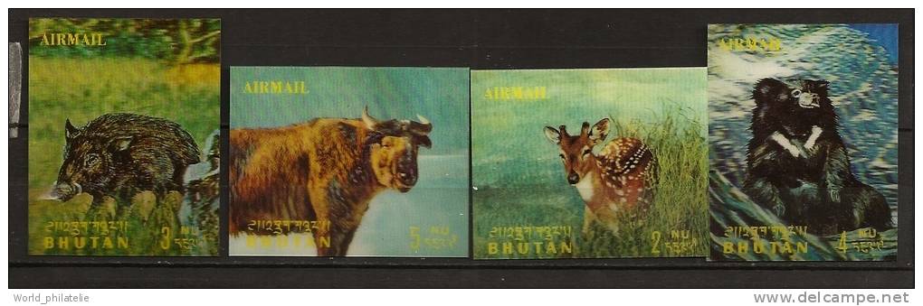 Bhoutan Bhutan 1970 N° PA 74 / 7 ** Animaux Sauvages, 3D, Daim, Sanglier, Ours, Takin, Non Dentelés, Trois Dimensions - Bhutan