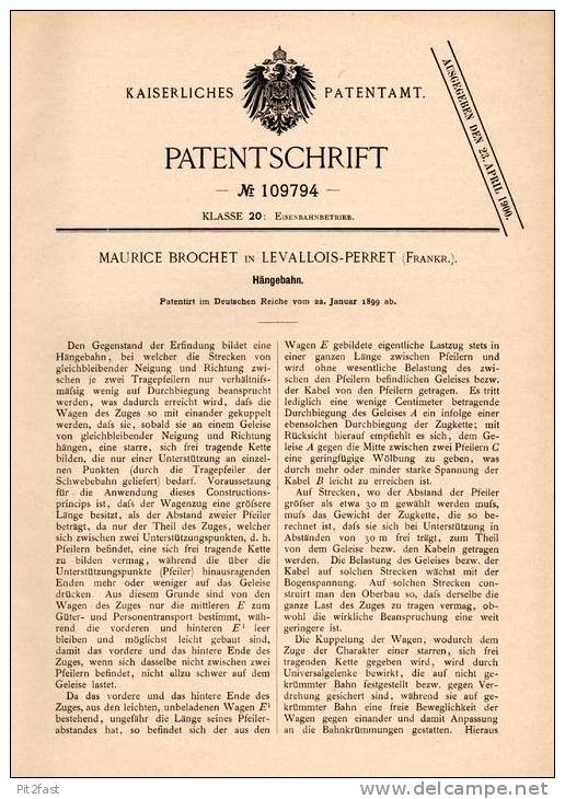 Original Patentschrift - M. Brochet In Levallois-Perret , 1899 , Hängebahn , Seilbahn , Bergbahn !!! - Machines