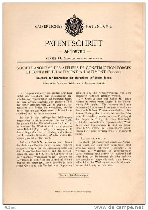 Original Patentschrift - Construction Forges Et Fonderie D´ Hautmont , 1898 , Drehbank Für Beidseitige Bearbeitung !!! - Machines