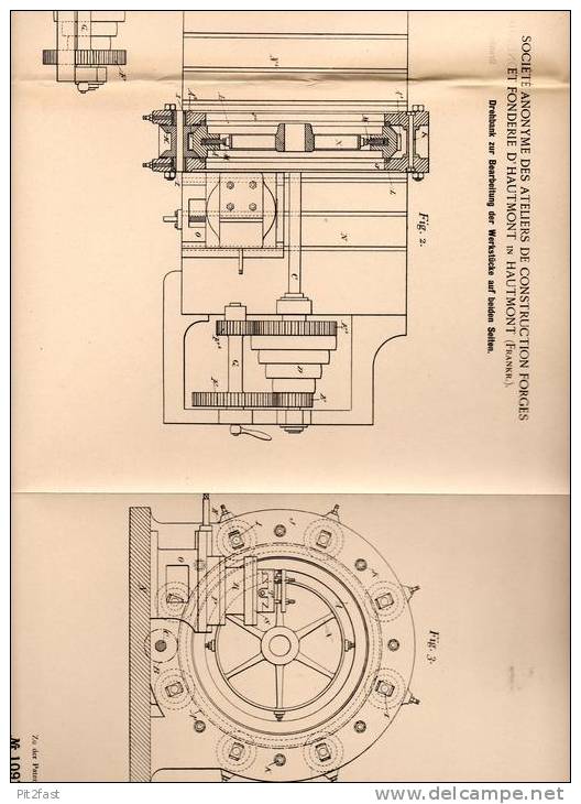 Original Patentschrift - Construction Forges Et Fonderie D´ Hautmont , 1898 , Drehbank Für Beidseitige Bearbeitung !!! - Tools