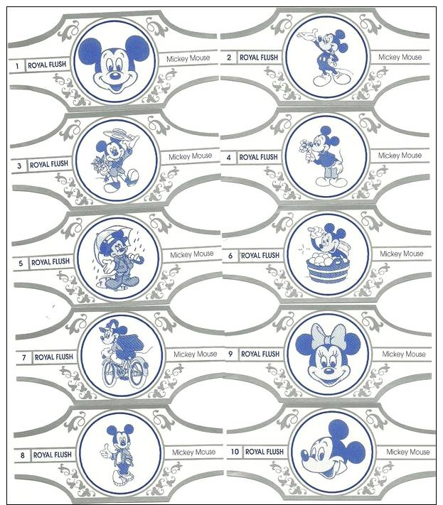 Serie Sigarenbandjes Vitolas Bauchbinden #38903 : Mickey Mouse (zilver-wit) Volledige Serie (10) - Bauchbinden (Zigarrenringe)