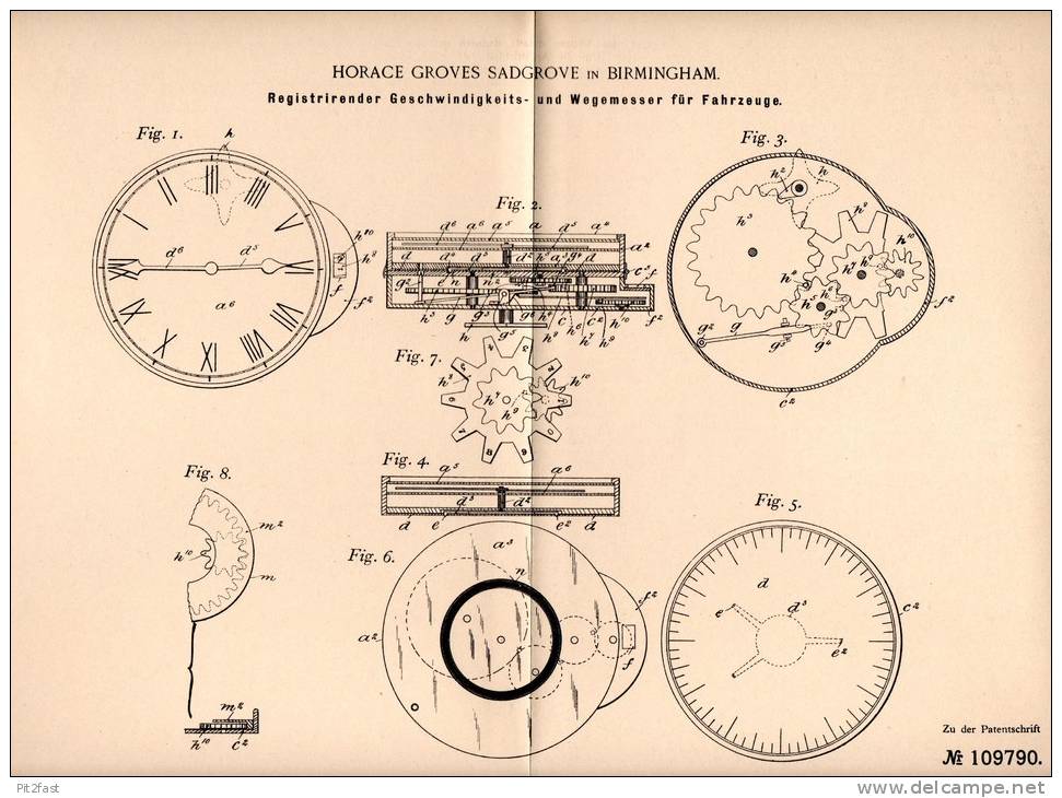 Original Patentschrift - H. Sadgrove In Birmingham , 1898 , Tachometer Für Automobile , Motorwagen , Tacho !!! - Cars