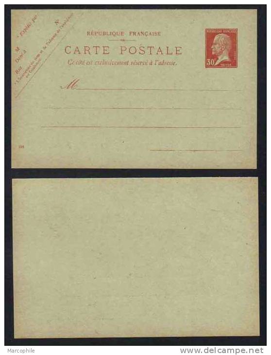 TYPE PASTEUR / 1923 ENTIER POSTAL 30 C. ROUGE AVEC DATE  / COTE 30.00 EUROS (ref 3523) - 1922-26 Pasteur