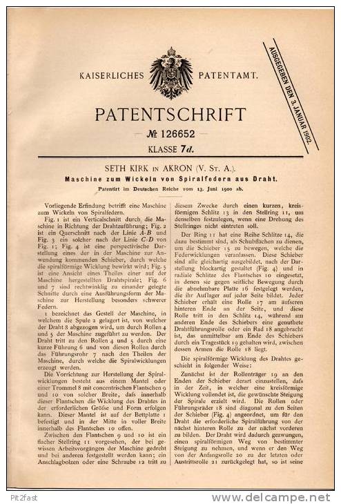 Original Patentschrift - Seth Kirk In Akron , USA , 1900 , Maschine Zum Wickeln Von Spiralfedern , Federn !!! - Tools
