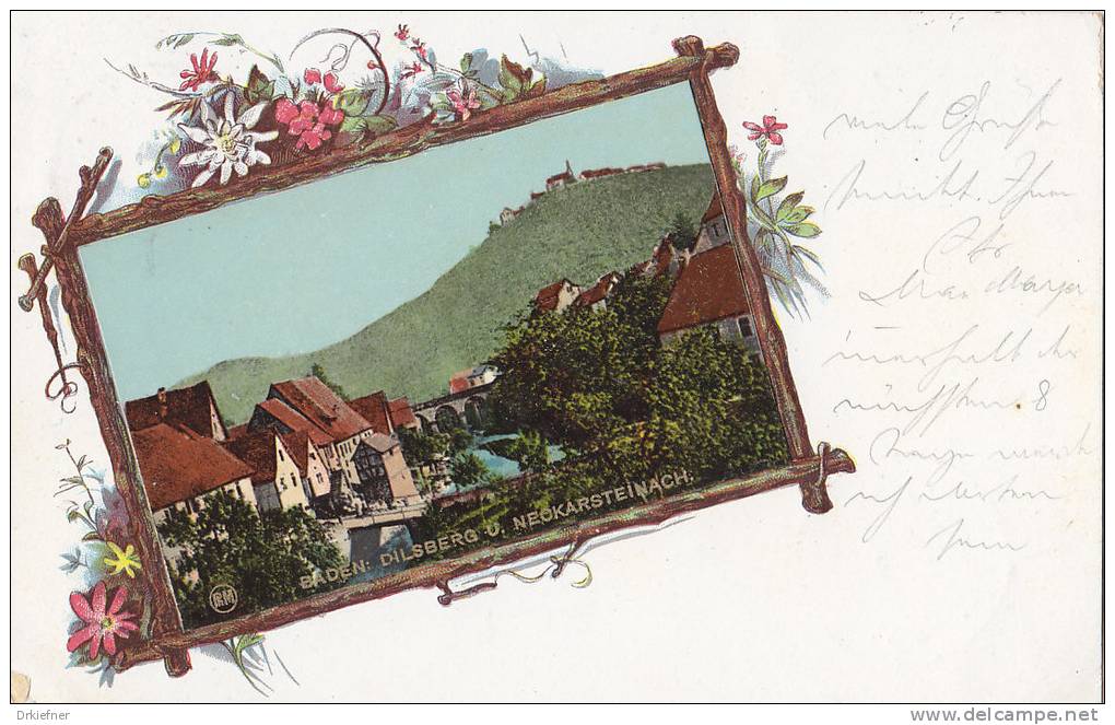 Neckarsteinach Mit Dilsberg, Gesamtansicht (aufgeklebtes Bild), LITHOGRAPHIE: Astrahmen, Wiesenblumen, 1901 - Neckargemuend