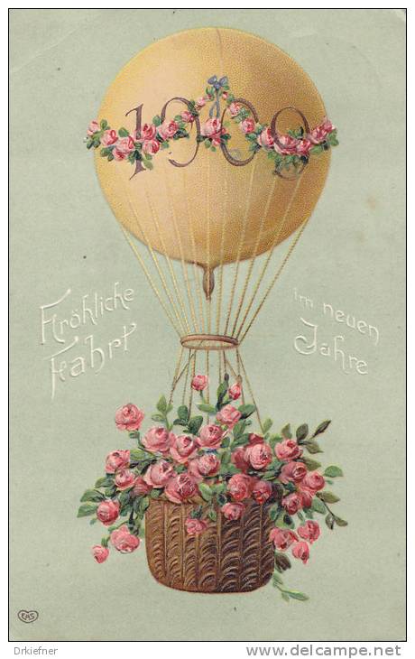 Fesselballon Mit Rosen, PRÄGE-AK, Gruss Zum Neuen Jahr 1909 - Fesselballons