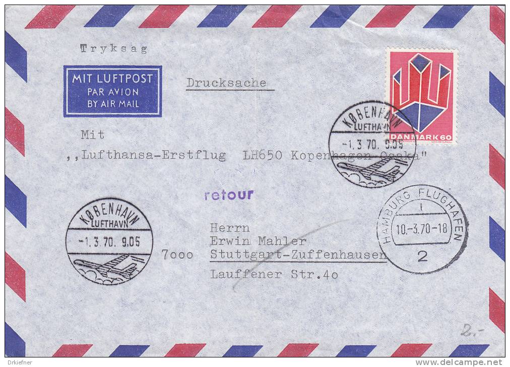 Dänemark LH 650 Lufthansa Erstflug Kopenhagen - Osaka (Japan) 1.3.1970 Mit Dänemark 486 EF, Zurück über HH Nach Stgt - Airmail