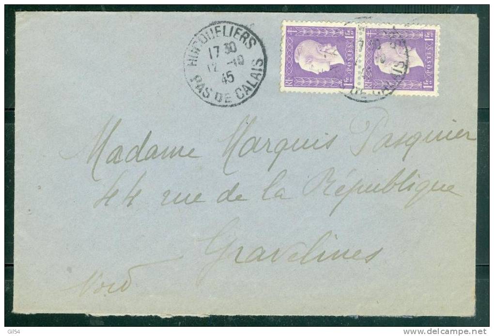 Yvert N°689 X 2 ( Marianne De Dulac ) /lettre Oblitéré Hucqueliers ( Pas De Calais ) En 1945  - Am4025 - 1944-45 Marianne Of Dulac