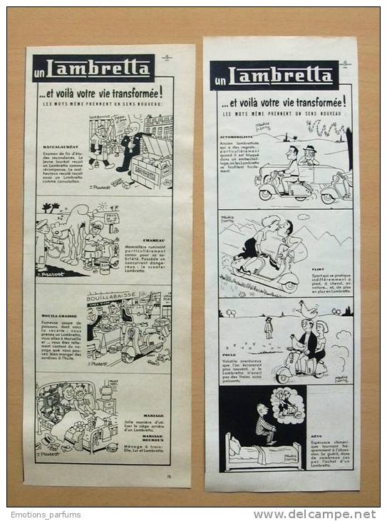 LOT 2 Pub  Papier 1957 Cyclomoteur Velomoteur SCOOTER LAMBRETTA Velo Moteur Humour Henry Prurvost Poule Coq Amoureux - Reclame