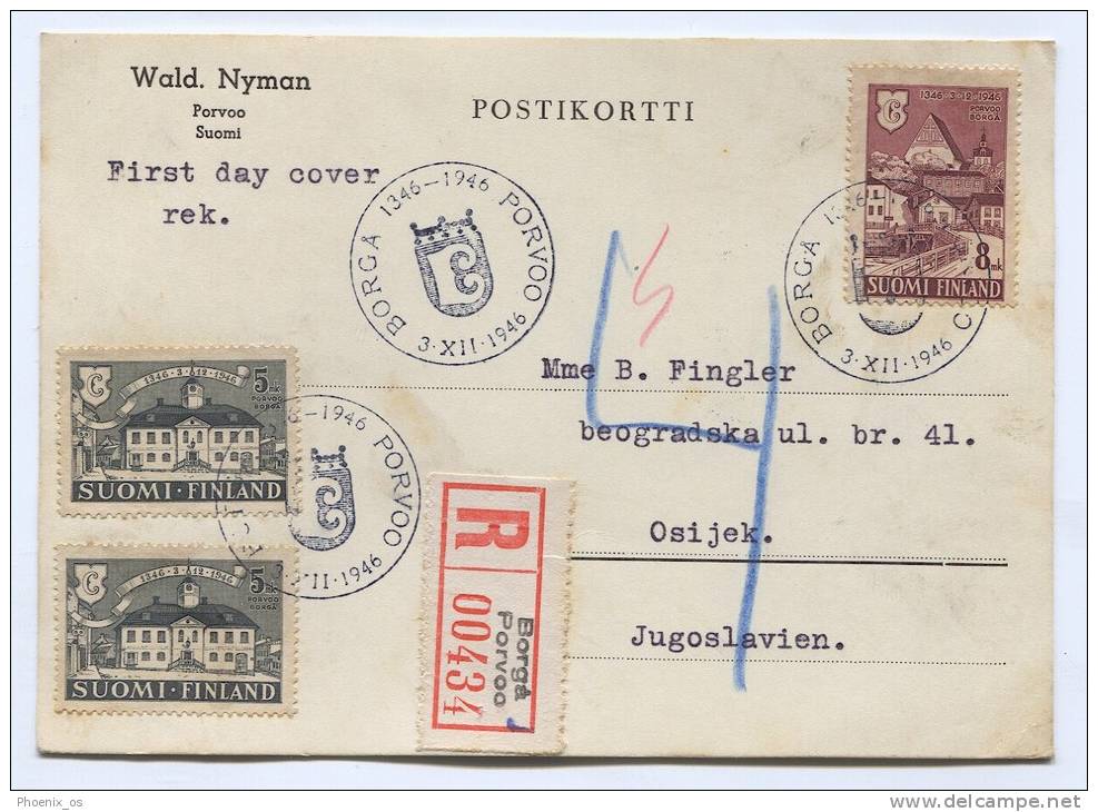 FINLAND, Suomi - BORGA, PORVOO, Registered, 1946. Postal Stationery To Yugoslavia - Entiers Postaux