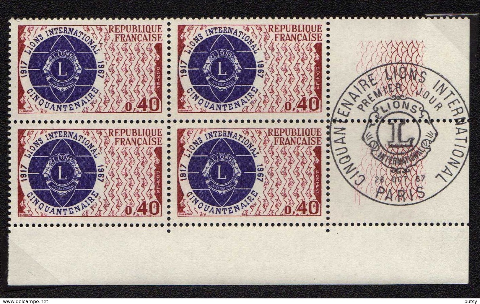N° 1534 " 50° Anv. Du Lions International", Bloc De Quatre, Oblitération 1er Jour Paris. - 1960-1969