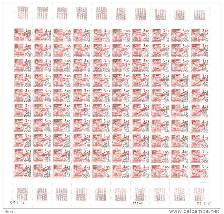 Les Eyzies De Tayac  N° 173  Feuille Complète 100 Timbres Préoblitérés - Autres & Non Classés