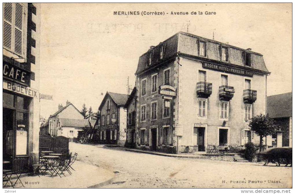 Merlines (Corrèze) - Avenue De La Gare - Modern ' Hotel Du Pavillon Tixier - Brandely - Café Bodeveix Billard - Autres & Non Classés