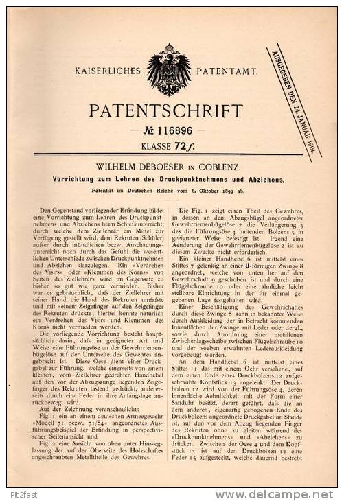 Original Patentschrift - W. Deboeser In Coblenz , 1899 , Apparat Für Schießunterricht , Rekruten , Gewehr , Pistole !!! - Dokumente