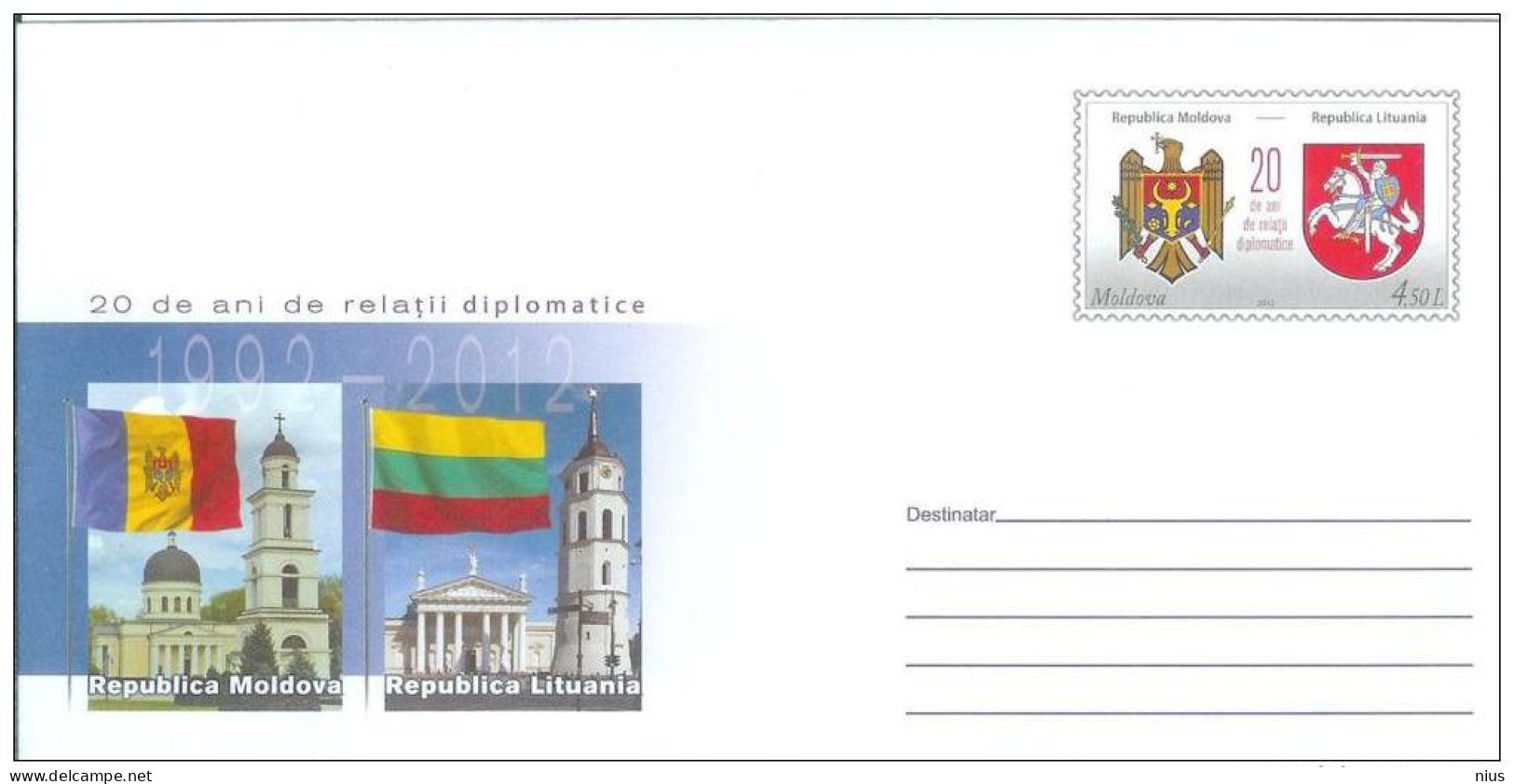 Moldova - Lithuania 2012 20th Anniv.of Diplomatic Relations Flag Coat Of Arms - Moldova